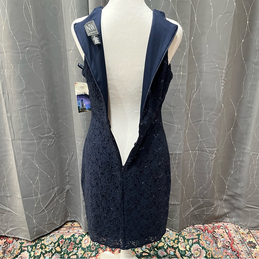 Nightway Dark Blue Sequin Dress 34” Illusion Net Neckline Lined Formal Wedding - Picture 9 of 14